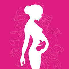 Silhouette of pregnant woman with baby in belly  with floral ornament