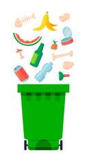 Vector illustration: garbage containers with unsorted trash . Rubbish and trash bags lying around dump. World Environment Day 5 june