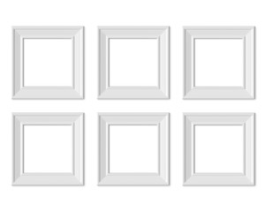 Set 6 1x1 Square picture frame mockup. Realisitc paper, wooden or plastic white blank. Isolated poster frame mock up template on white background. 3D render.