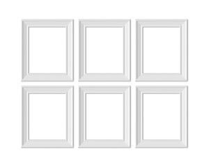 Set 6 4x5 Vertical Portrait picture frame mockup. Realisitc paper, wooden or plastic white blank. Isolated poster frame mock up template on white background. 3D render.