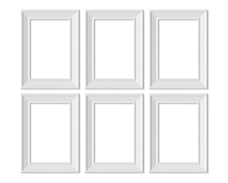 Set 6 2x3 A4 Vertical Portrait picture frame mockup. Realisitc paper, wooden or plastic white blank. Isolated poster frame mock up template on white background. 3D render.