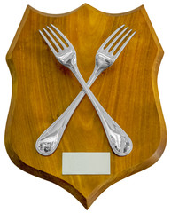fork and knife on wooden background