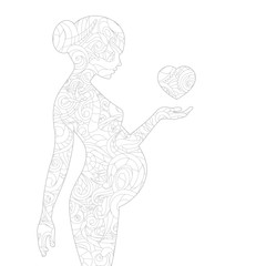 Silhouette of pregnant woman with floral ornament and heart. White background.