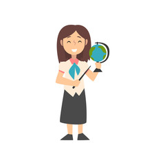 Fototapeta na wymiar Girl Teacher Character with Pointer and Globe, Kid Dreaming of Future Profession Vector Illustration