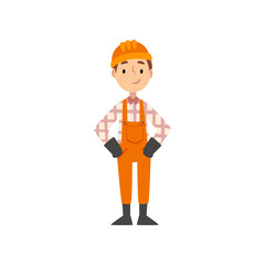 Boy Construction Worker Character in Uniform and Hard Hat, Kid Dreaming of Future Profession Vector Illustration