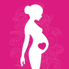 Obraz na płótnie Canvas Silhouette of pregnant woman with floral ornament and heart