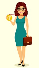 Concept, young businessman girl. Girl holding a gold medal in her hand. Success in business. Business and Finance. Character. Flat style on white background. Cartoon.