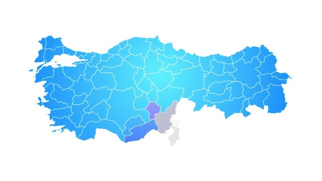 Turkey Country Map Showing Up Intro By Regions/ 4k animated turkish map intro background with provinces appearing and fading one by one and camera movement