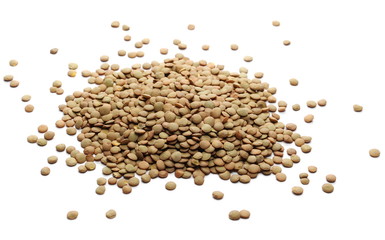 Green lentils pile isolated on white background