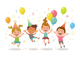 Happy kids celebrating a party with balloons, party hats and confetti. Happy birthday concept. Cartoon character design isolated on white background.
