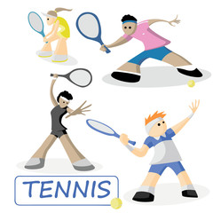 Tennis. Set of 4 athletes. Sport vector characters. Multicolored form and race
