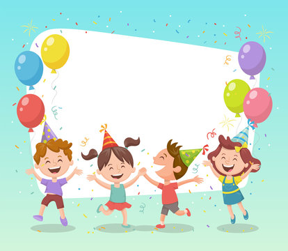 Happy group of kids celebrating a party with balloons, party hats and confetti. Template for making birthday cards, invitations, photo frames and backgrounds.