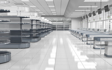 Empty hall of a supermarket, with shelves and cash registers. 3d illustration