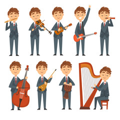 Musicians Boys Playing Different Musical Instruments Set, Talented Children Characters Playing Flute, Violin, Guitar, Ukulele, Harp, Cello, Ethnic Drum Vector Illustration