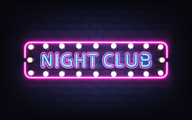 Night club, disco bar or pub glowing bright neon light, retro signboard on brick wall 3d realistic vector with blue letters, white bulb lamps and violet, pink fluorescent illumination illustration