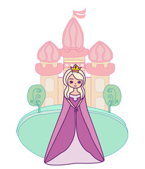 Charming queen in front of castle - isolated illustration