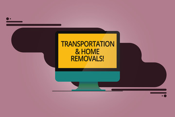 Handwriting text Transportation And Home Removals. Concept meaning Moving shipping packages new house Mounted Computer Monitor Blank Reflected Screen on Abstract Background