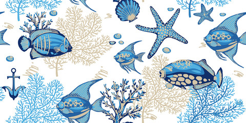 Seenahtloses Muster mit Korallen, Seesternen und tropischen Fischen