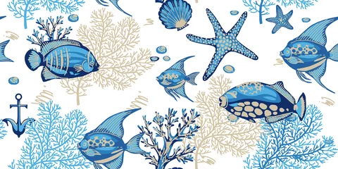 Fototapete Meerestiere Seenahtloses Muster mit Korallen, Seesternen und tropischen Fischen