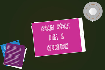 Conceptual hand writing showing Brain Work Idea And Creative. Business photo text Creativity brainstorm Innovative thinking Tablet Screen Cup Saucer and Filler Sheets on Color Background