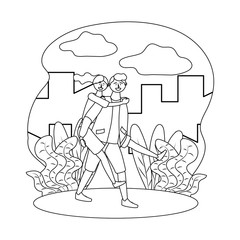 Tourist boy and girl with bag design