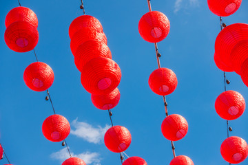 Fototapeta na wymiar Chinese new year lanterns with blue sky .