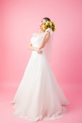 Beautiful asian bride portrait in pink studio