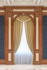 Curtains in a carved niche of wood in a classic style.