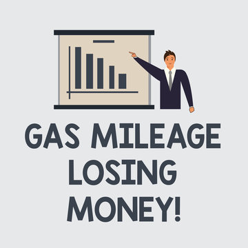 Text sign showing Gas Mileage Losing Money. Conceptual photo Long road high gas fuel costs financial losses Man in Business Suit Standing Pointing a Board with Bar Chart Copy Space