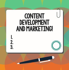 Conceptual hand writing showing Content Development And Marketing. Business photo showcasing Social media advertising optimization Square Color Board with Magnet Click Ballpoint Pen and Clip