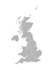 Vector isolated illustration of simplified administrative map of the United Kingdom of Great Britain and Northern Ireland. Borders of the provinces regions. Grey silhouettes. White outline