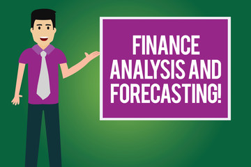 Handwriting text Finance Analysis And Forecasting. Concept meaning Financial analysisagement business strategies Man with Tie Standing Talking Presenting Blank Color Square Board photo