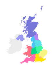 Vector isolated illustration of simplified administrative map of the United Kingdom of Great Britain and Northern Ireland. Borders of the regions. Multi colored silhouettes