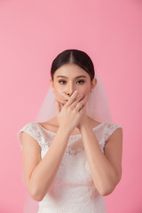Beautiful asian bride portrait in pink studio - 270768590