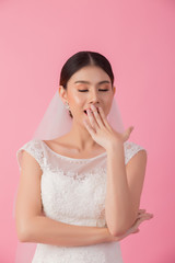 Beautiful asian bride portrait in pink studio - 270768596
