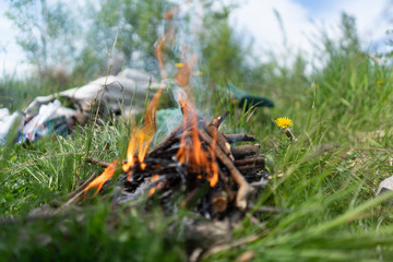 small bonfire on the stone, in nature. from small twigs