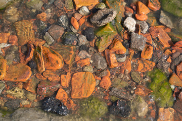 pebbles on the shore are washed by water in orange round shapes