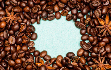 Coffee for inspiration and energy charge. Texture and background concept. Coffee shop or store. Degree of roasting coffee beans. Fresh roasted coffee beans. Beverage with caffeine and spices