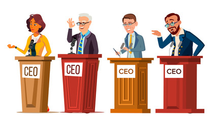 Character Ceo Talking From Tribune Set Vector. Man And Woman Orator Ceo Public Speaking From Rostrum With Microphone. Businessman Director Leader Speech Or Presentation Flat Cartoon Illustration - obrazy, fototapety, plakaty