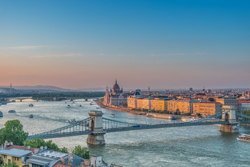 Naklejka na ściany i meble Panorama of Budapest at sunset. Hungarian landmarks