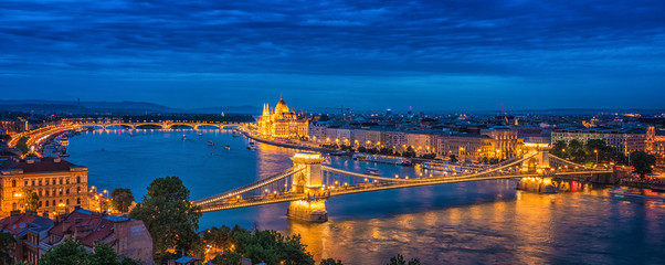 Fototapeta na wymiar Panorama of Budapest at night. Hungarian landmarks.
