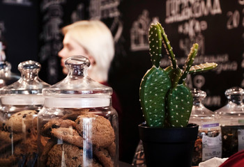 Coffee shop, coffee shop warm background. Place for text.