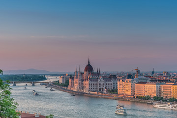 Obraz na płótnie Canvas Panorama of Budapest at sunset. Hungarian landmarks