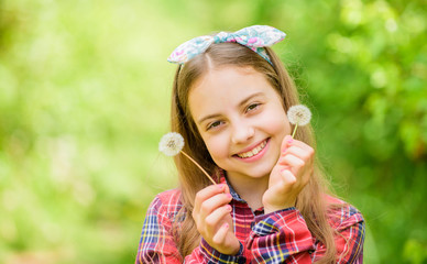 happy child hold blowball. dandelion. Spring holiday. Womens day. Natural beauty. Childhood happiness. summer vacation. Rancho and country. little girl and with taraxacum flower. happy childhood