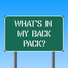 Handwriting text writing What S Is In My Back Pack. Concept meaning Things that are inside your school or travel bag Blank Rectangular Outdoor Color Signpost photo with Two leg and Outline