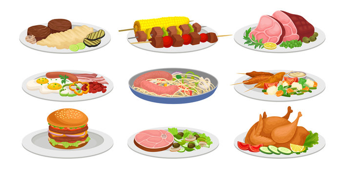 Set of ready meals for lunch. Vector illustration on white background.