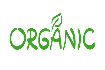 Organic food label with leaf. Hand drawn green vector logo, sign. Brush lettering. Symbol for healthy eating, health, menu, market, product design, merchandise