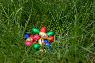 Easter egg hunt: chocolate eggs in a nest of grass