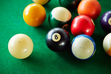 Billiards balls on green table 