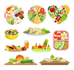 Set of images of a variety of foods. Vector illustration on white background.